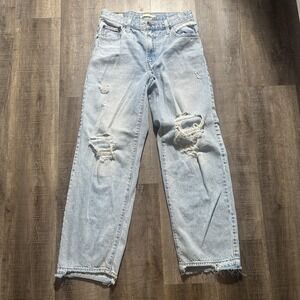 Levis Premium Baggy Dad Jeans Womens 26x30 Light Wash Distressed Ripped Raw Hem